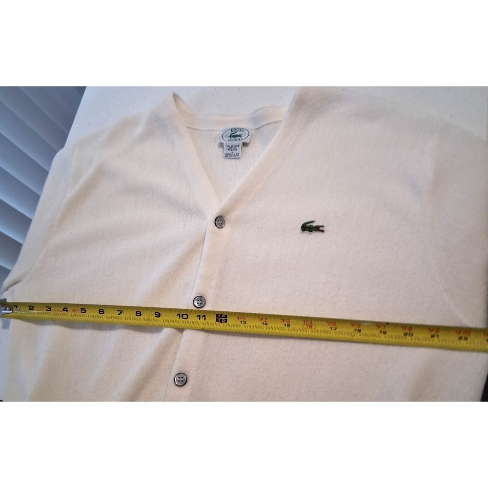 Izod Lacoste Cardigan Mens L White Vintage Preppy V-Neck Knit Sweater Logo 80s - Picture 9 of 13